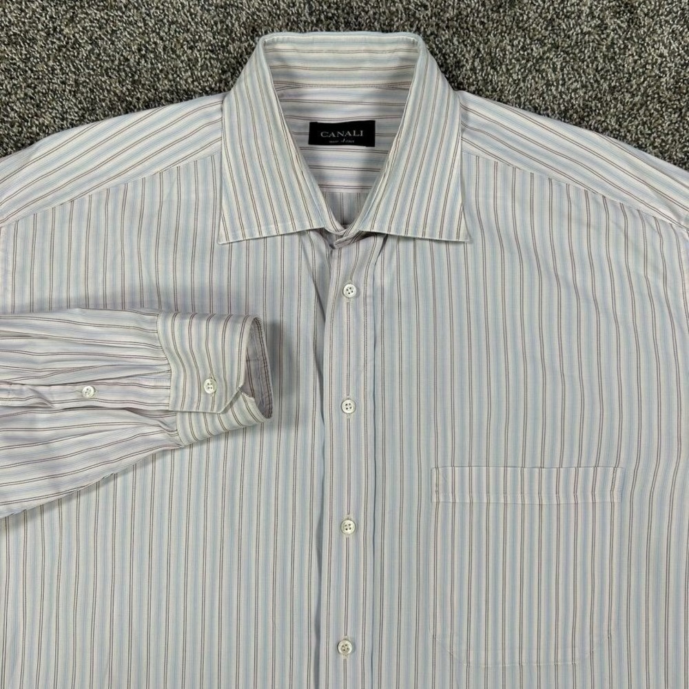 Canali Button Up Dress Shirt Men 44/17.5 Multicolor Striped‎ Long Sleeve Italy